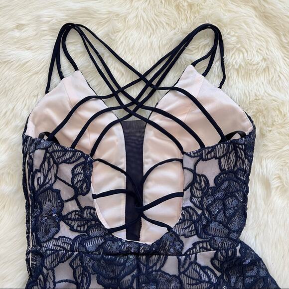 B Darlin Floral Lace Fit and Flare Dress Dark Blue 1/2 - Picture 4 of 13